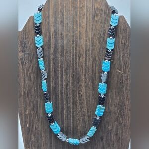 Artisan Made Turquoise Hematite Necklace Arrow Shape Silver Tone Necklace OOAK